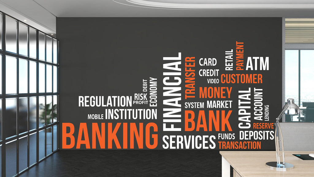 Banking Wall Decal Bank Wall Decor Bank Word Cloud Office Wall Stickers Financial Business Customer Finance Decor Vinyl Wall Stickers 242LU