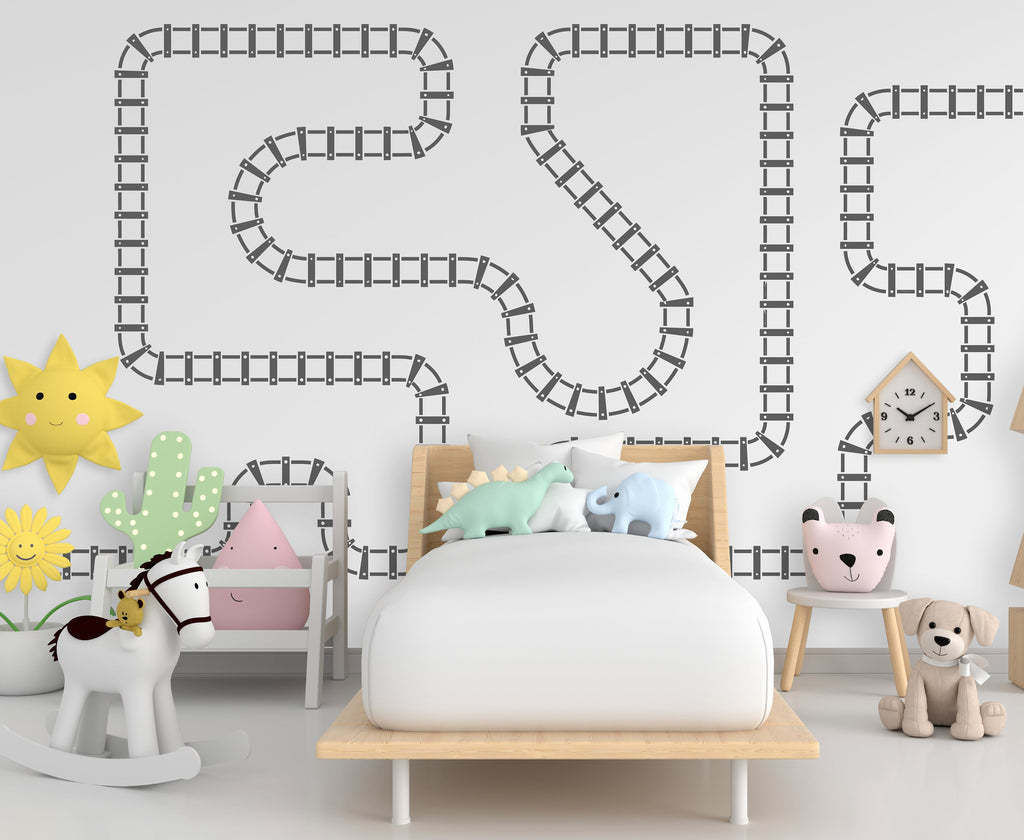 Railroad track wall vinyl stickers, Train track wall decals, Boho, Train railway track wall decor, nursery decor, kids boys room, dorm 249LU