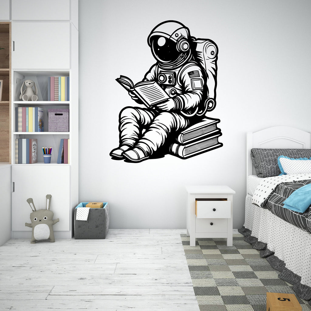 Astronaut Reading Book Rocker Ship Wall Decal Outer Space Wall Decal Custom Name Wall Decal Decal for Nursery 171RS