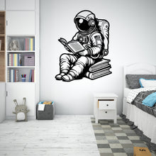 Load image into Gallery viewer, Astronaut Reading Book Rocker Ship Wall Decal Outer Space Wall Decal Custom Name Wall Decal Decal for Nursery 171RS