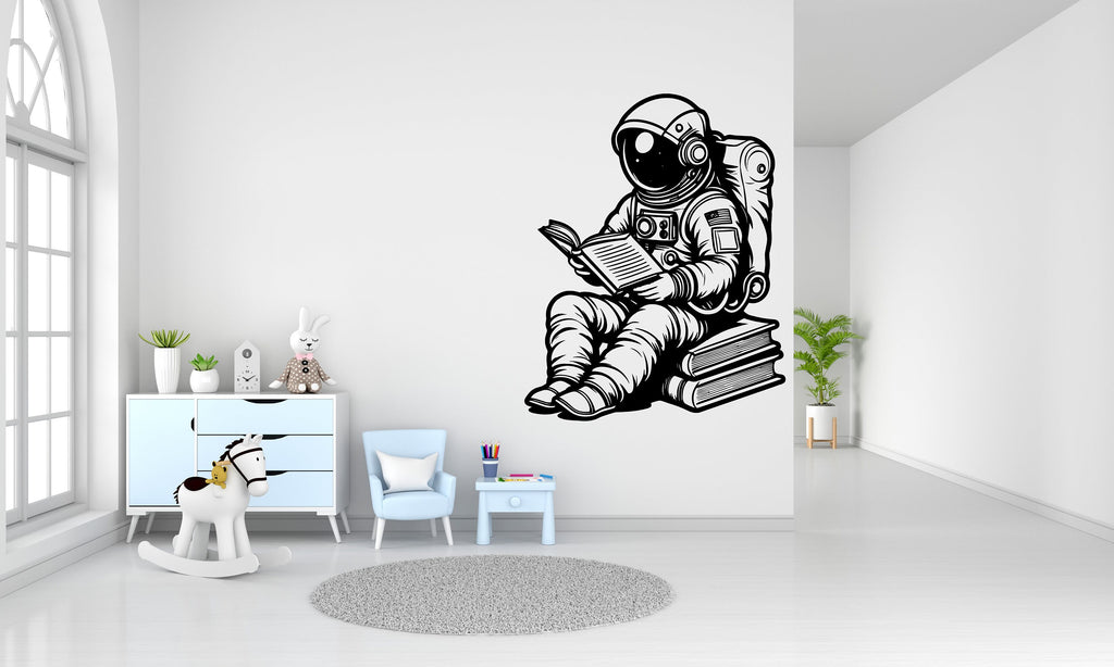 Astronaut Reading Book Rocker Ship Wall Decal Outer Space Wall Decal Custom Name Wall Decal Decal for Nursery 171RS