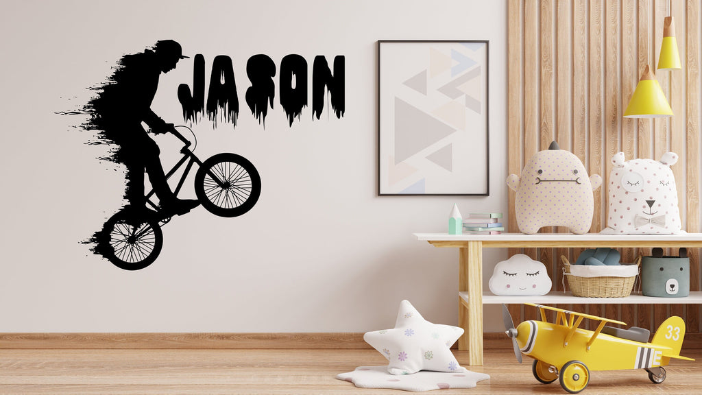 BMX Bike Wall Decal, Personalized Name, Custom Name Decals, Bicycle Wall Sticker Bike Wall Decor For Boys Room BMX vinyl mural 267LU