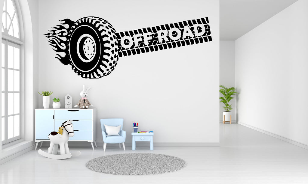 Off Road Tire Track Wall Decal Car Tire Checkered Flags Wall Decal Wheel Decal Racing Car Flag Vinyl Wall Sticker-Boy Room 146RS