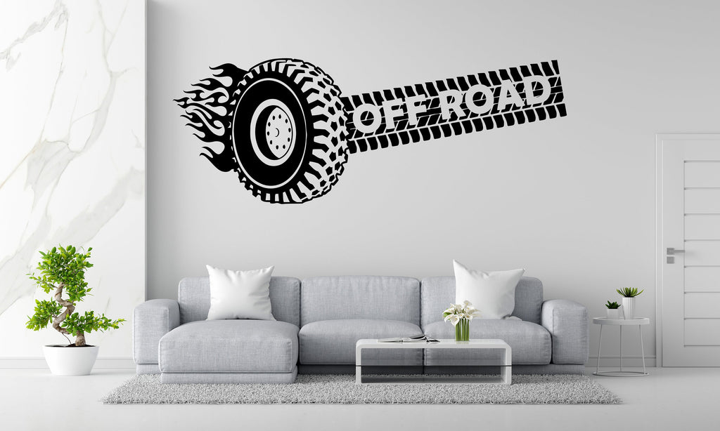 Off Road Tire Track Wall Decal Car Tire Checkered Flags Wall Decal Wheel Decal Racing Car Flag Vinyl Wall Sticker-Boy Room 146RS