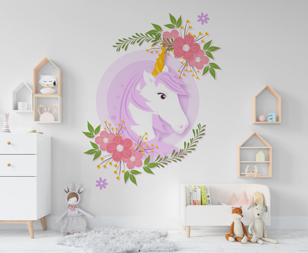 Unicorn Wall Stickers, Girls Bedroom Decor, Unicorn Flowers Decal, Vinyl, Nursery Wall Stickers, Playroom Wall Decor, Unicorn Stickers 277LU