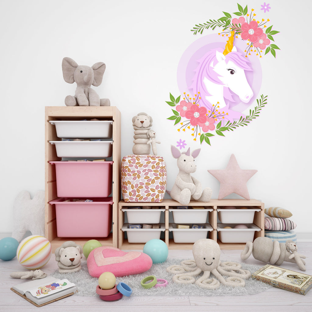 Unicorn Wall Stickers, Girls Bedroom Decor, Unicorn Flowers Decal, Vinyl, Nursery Wall Stickers, Playroom Wall Decor, Unicorn Stickers 277LU