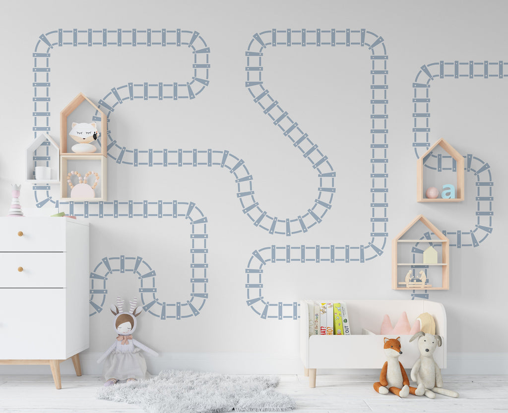 Railroad track wall vinyl stickers, Train track wall decals, Boho, Train railway track wall decor, nursery decor, kids boys room, dorm 249LU