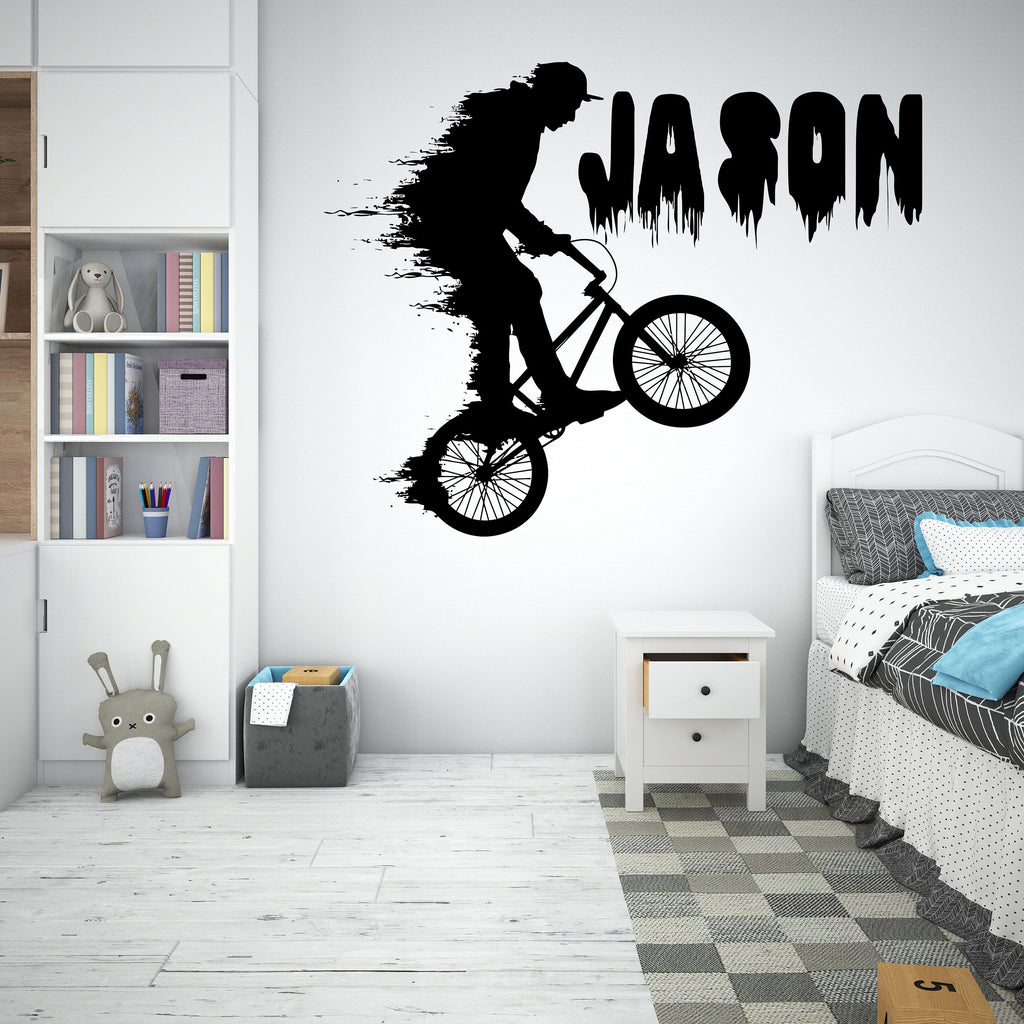 BMX Bike Wall Decal, Personalized Name, Custom Name Decals, Bicycle Wall Sticker Bike Wall Decor For Boys Room BMX vinyl mural 267LU