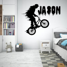 Load image into Gallery viewer, BMX Bike Wall Decal, Personalized Name, Custom Name Decals, Bicycle Wall Sticker Bike Wall Decor For Boys Room BMX vinyl mural 267LU