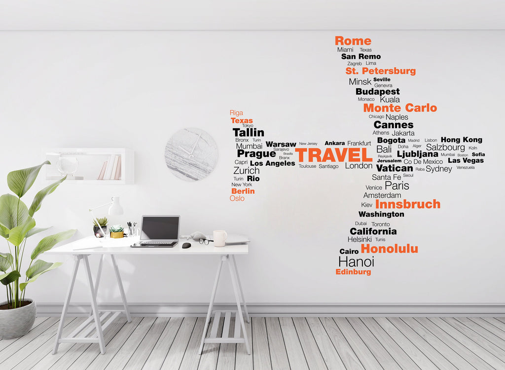 Travel Agency Decoration, Travel Agency wall decal, Airplane Cities wall art decor, Travel world cities wall sticker Office wall decor 289LU