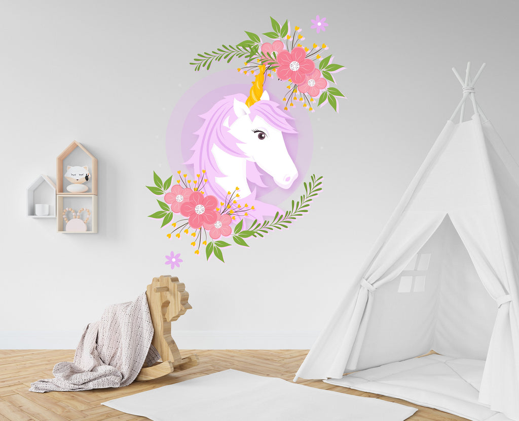 Unicorn Wall Stickers, Girls Bedroom Decor, Unicorn Flowers Decal, Vinyl, Nursery Wall Stickers, Playroom Wall Decor, Unicorn Stickers 277LU