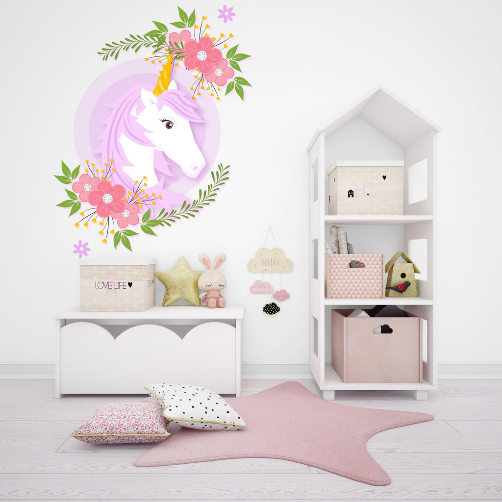 Unicorn Wall Stickers, Girls Bedroom Decor, Unicorn Flowers Decal, Vinyl, Nursery Wall Stickers, Playroom Wall Decor, Unicorn Stickers 277LU