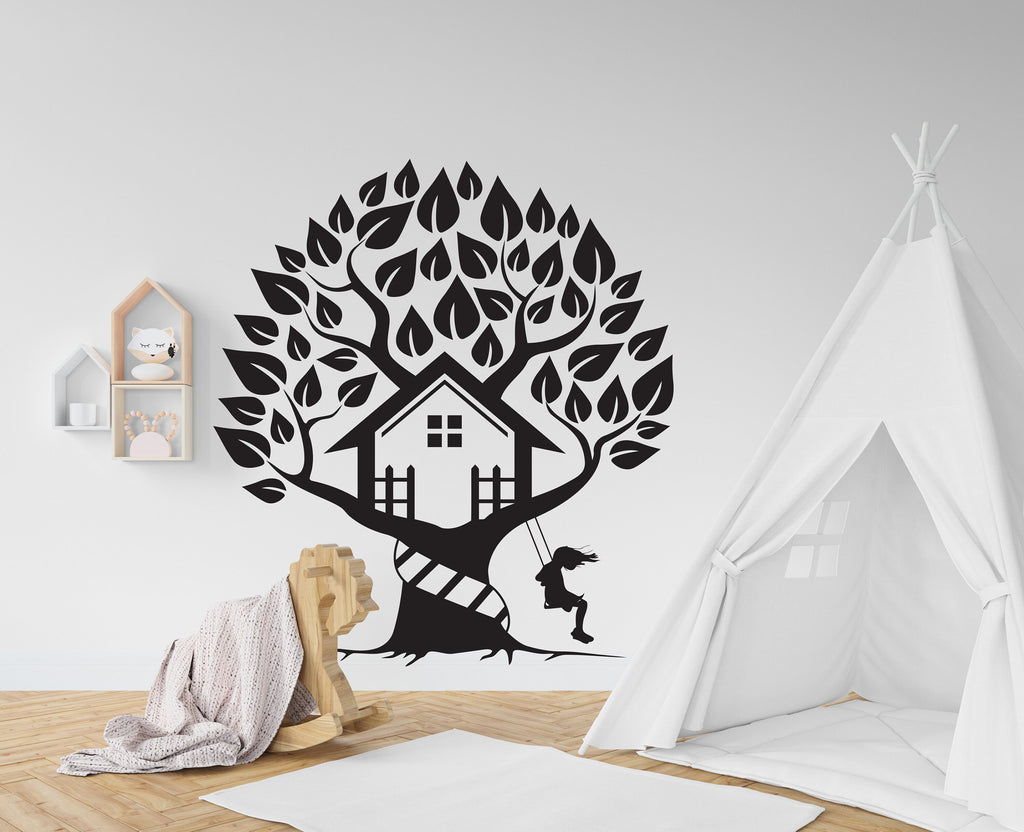 Tree House Wall Art Decal, House on Tree Girl Playing Wall Decor, Kids Room Decor, Nursery Wall Decals 202RS