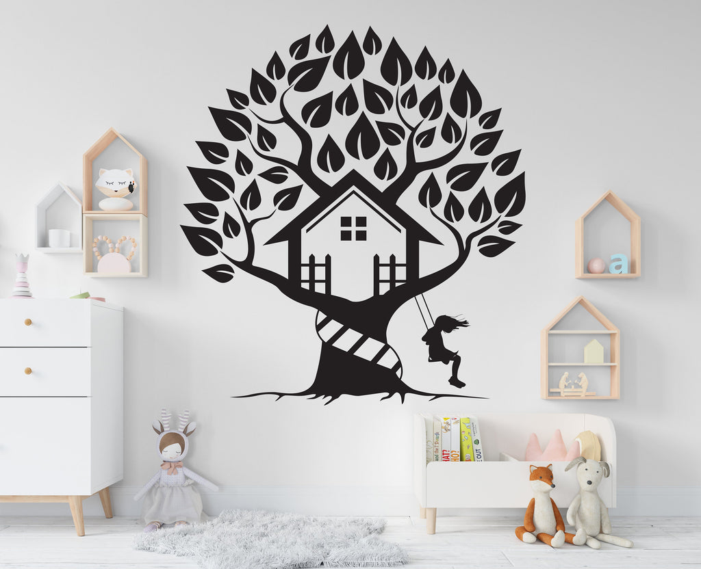 Tree House Wall Art Decal, House on Tree Girl Playing Wall Decor, Kids Room Decor, Nursery Wall Decals 202RS