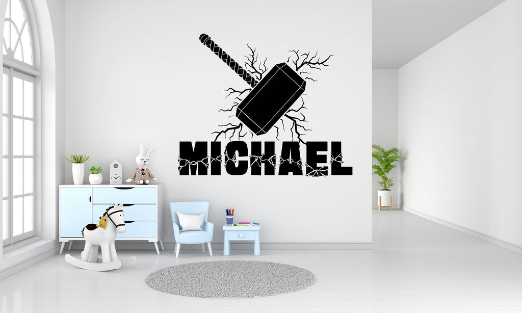 Hammer and lightning bolts Custom Name Wall Decal, Thunder Bolt Wall decor, Hammer Lightning strike wall decal, Superhero Wall Decor 304LU