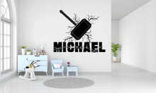 Load image into Gallery viewer, Hammer and lightning bolts Custom Name Wall Decal, Thunder Bolt Wall decor, Hammer Lightning strike wall decal, Superhero Wall Decor 304LU