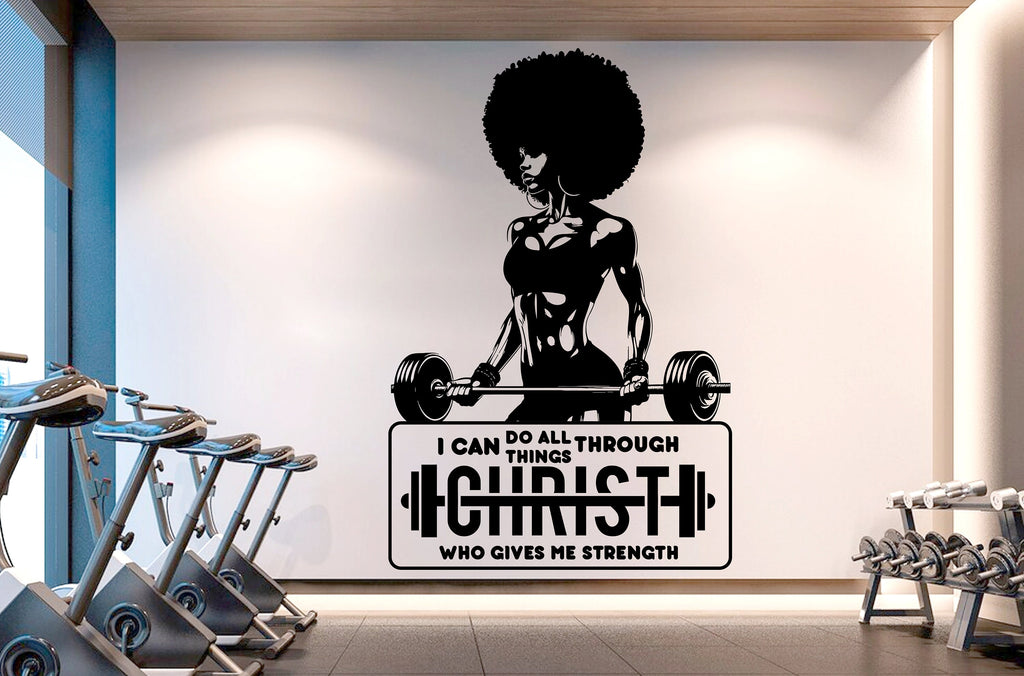 With Gods all things are Possible Afro American Fitness Wall Decal Afro Girl Workout Wall Decal Gym Wall Decor Motivational Wall Decal 210RS