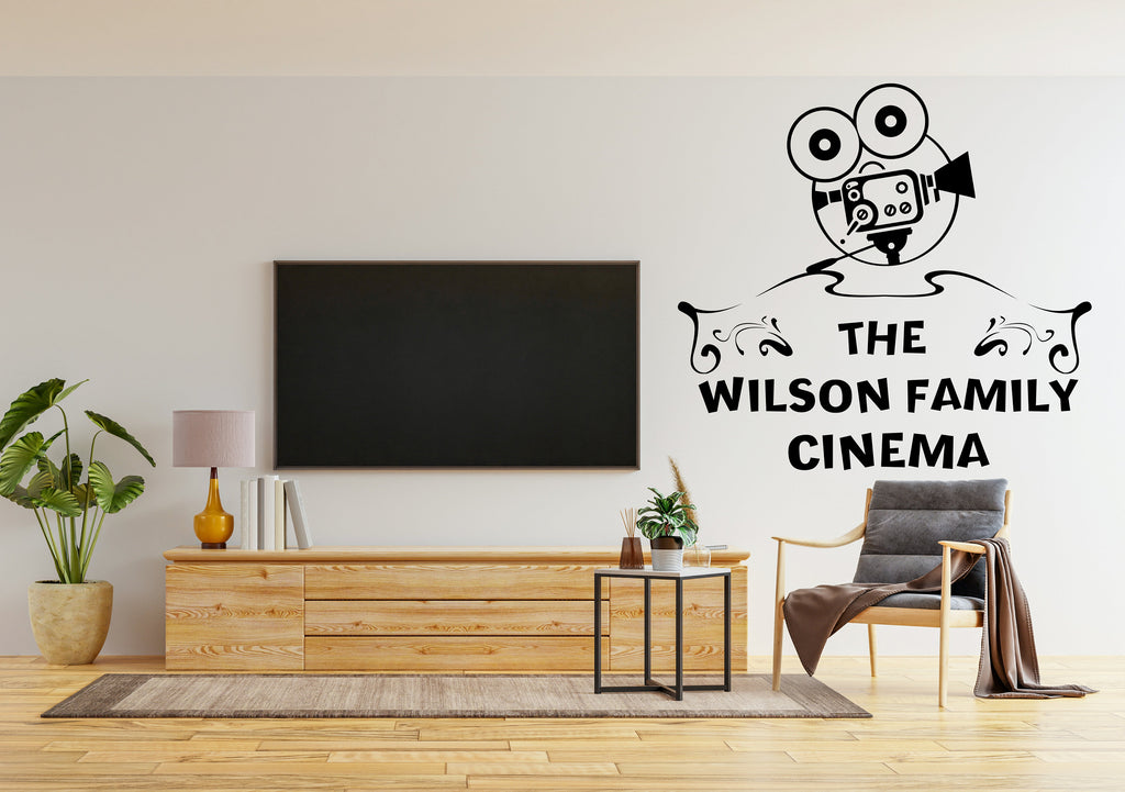 Home Cinema Wall Decal, Personalized Theater Room Decor, Family Room Vinyl Sticker Mural, Movie Film Playroom Decor Camera Wall Art 308LU