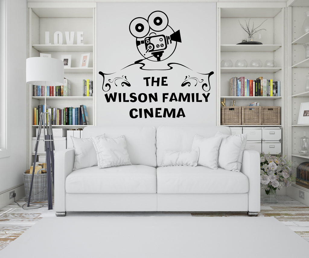 Home Cinema Wall Decal, Personalized Theater Room Decor, Family Room Vinyl Sticker Mural, Movie Film Playroom Decor Camera Wall Art 308LU