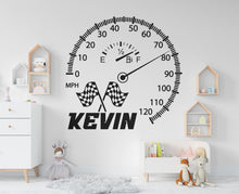 Load image into Gallery viewer, Custom Name Speedometer Wall Decal Racing Car Checkered Flags Wheel F1 Decal Personalized Racing Car Flag Vinyl Wall Sticker-Boy Room 231RS