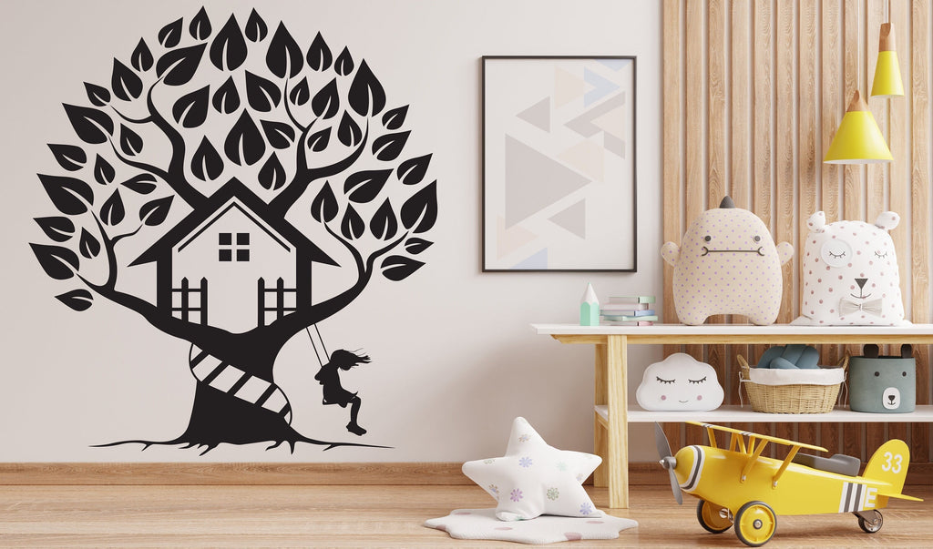 Tree House Wall Art Decal, House on Tree Girl Playing Wall Decor, Kids Room Decor, Nursery Wall Decals 202RS