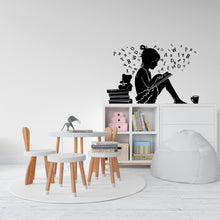 Load image into Gallery viewer, Girl Reading Book Library vinyl wall art decals, library wall decal, education decals, reading room, nurseries, school, kids gifts 295LU