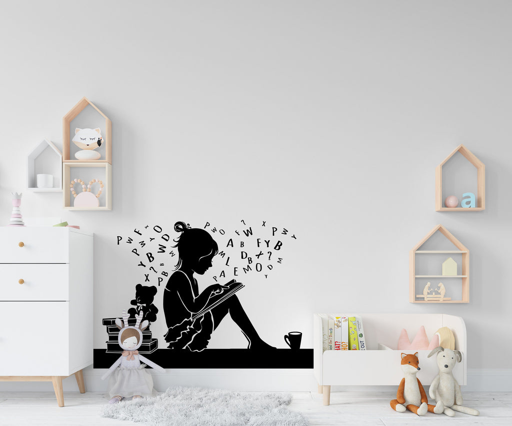 Girl Reading Book Library vinyl wall art decals, library wall decal, education decals, reading room, nurseries, school, kids gifts 295LU