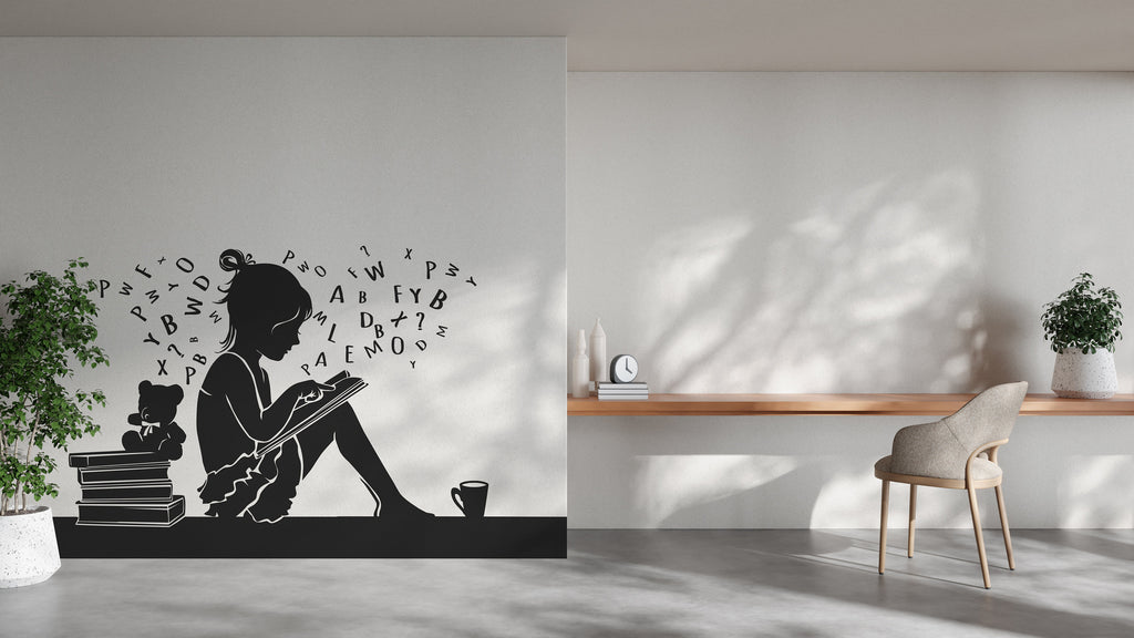 Girl Reading Book Library vinyl wall art decals, library wall decal, education decals, reading room, nurseries, school, kids gifts 295LU