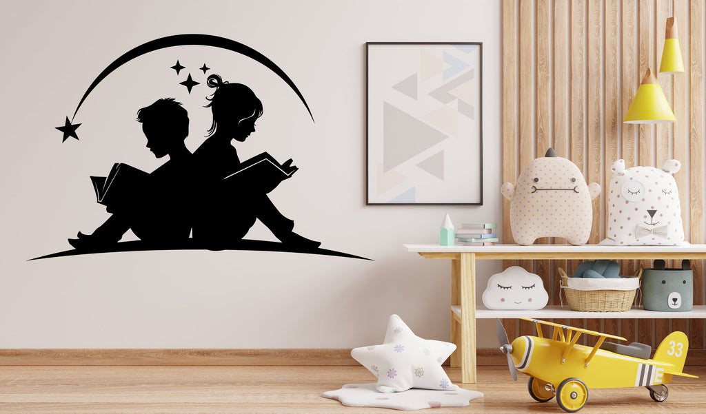 Sister and Brother Reading Book Library vinyl wall art decals, education decals, reading room, nurseries, school, kids gifts, Mom Gift 296LU