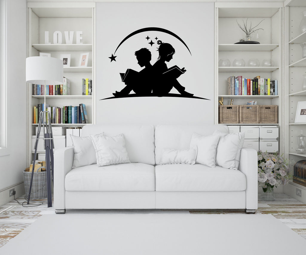 Sister and Brother Reading Book Library vinyl wall art decals, education decals, reading room, nurseries, school, kids gifts, Mom Gift 296LU