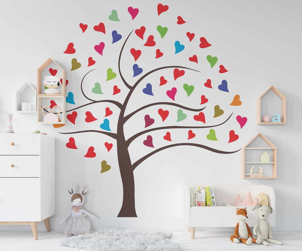 Tree Nursery Decal, Tree Nursery Sticker, Colorful Tree with Hearts Nursery Wall Decor, Tree Nursery Wall Art 297LU
