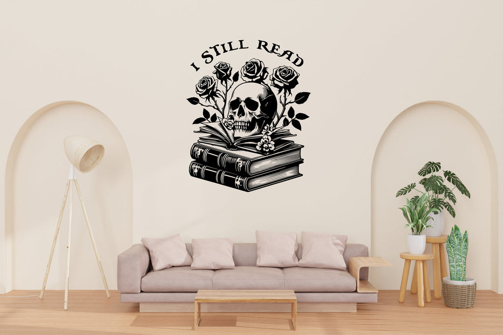I still Read book skull wall art, Library vinyl wall art decals, book shelves decor, education decals, reading room, nurseries, kids 250RS