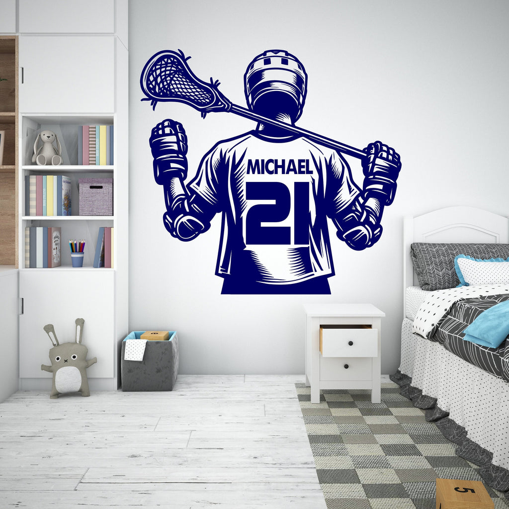 Large Custom Name Lacrosse Player wall decal Sport Wall Decal Kids Decal Personalized Lacrosse wall Vinyl Wall Sticker Boy Room 218RS