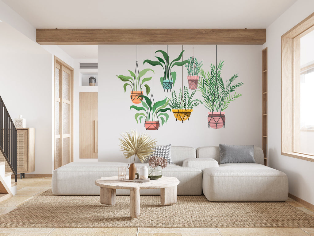 Hanging Plants in Pots wall vinyl sticker decal, Plants wall decoration, Flower plant wall decal, Living Room decor, Mural decoration 332LU