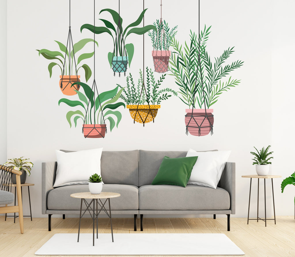 Hanging Plants in Pots wall vinyl sticker decal, Plants wall decoration, Flower plant wall decal, Living Room decor, Mural decoration 332LU