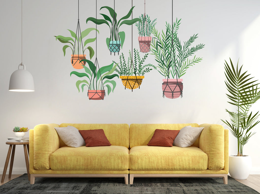 Hanging Plants in Pots wall vinyl sticker decal, Plants wall decoration, Flower plant wall decal, Living Room decor, Mural decoration 332LU