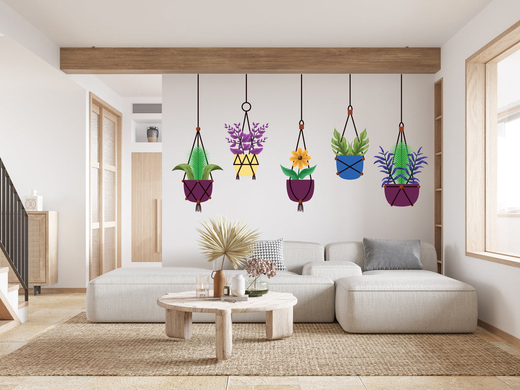Hanging Plants in Pots wall vinyl sticker decal, Plants wall decoration, Flower plant wall decal, Living Room decor, Mural decoration 333LU