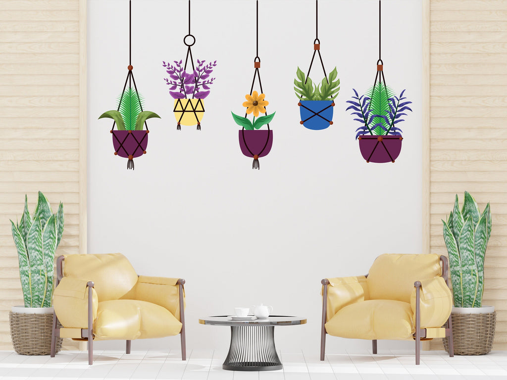 Hanging Plants in Pots wall vinyl sticker decal, Plants wall decoration, Flower plant wall decal, Living Room decor, Mural decoration 333LU