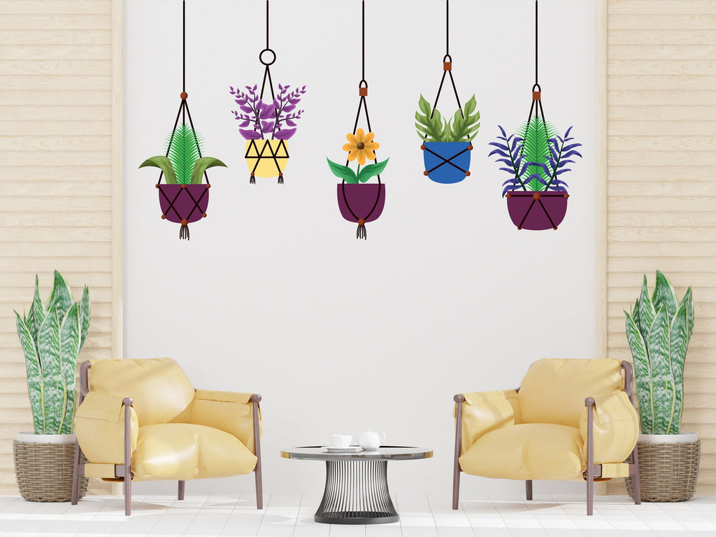 Hanging Plants in Pots wall vinyl sticker decal, Plants wall decoration, Flower plant wall decal, Living Room decor, Mural decoration 333LU