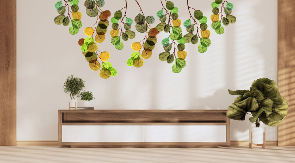 Hanging Leaves And Branches, Eucalyptus Leaves wall decor, Green Leaf Wall Mural, Greenery Wall Sticker, Living Room mural wall decor 338LU