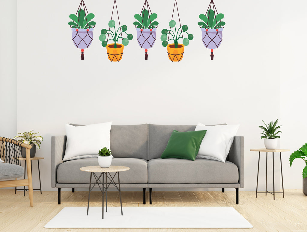 Hanging Plants in Pots wall vinyl sticker decal, Plants wall decoration, Flower plant wall decal, Living Room decor, Mural decoration 343LU