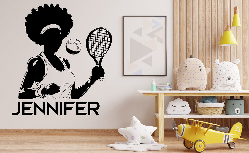 Large Custom Name Afro Tennis Girl Player wall decal Sport Wall Decal Kids Decal Personalized Tennis Vinyl Wall Sticker Girl Room Deco 361LU