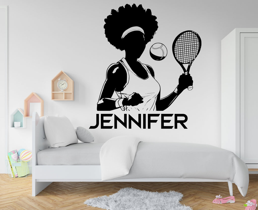 Large Custom Name Afro Tennis Girl Player wall decal Sport Wall Decal Kids Decal Personalized Tennis Vinyl Wall Sticker Girl Room Deco 361LU