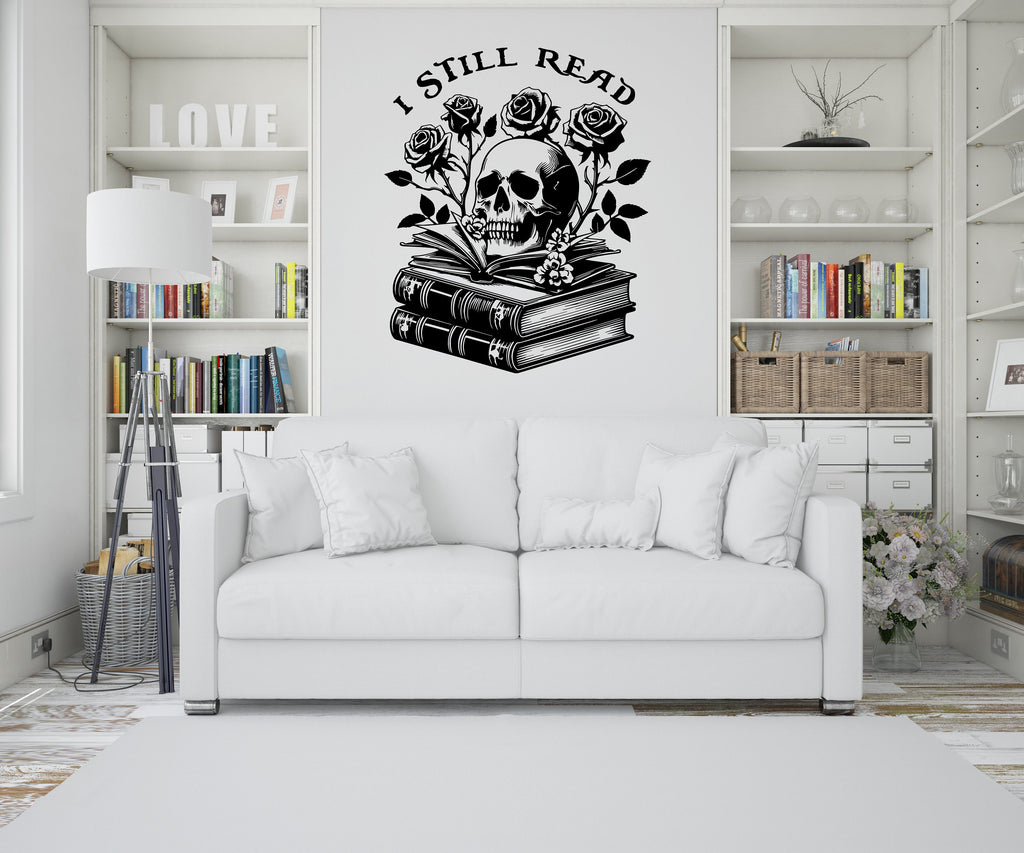 I still Read book skull wall art, Library vinyl wall art decals, book shelves decor, education decals, reading room, nurseries, kids 250RS