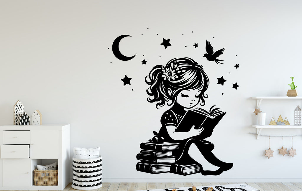 A little girl reading Book wall decal Library Wall decor Reading wall art Decal Book Lover Wall Bathroom Wall Decals Stickers Vinyl 042DE