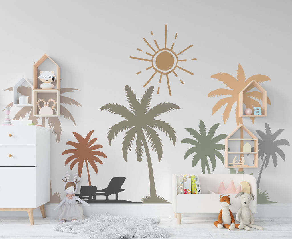 Boho Palm Tree Wall Stickers Palm tree Wall Decals, Palm trees wall art, Boho Beach Wall Mural, Tropical Nursery aesthetic room decor 331LU