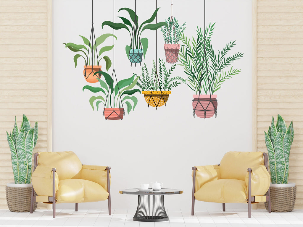 Hanging Plants in Pots wall vinyl sticker decal, Plants wall decoration, Flower plant wall decal, Living Room decor, Mural decoration 332LU