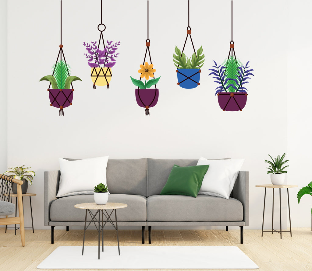 Hanging Plants in Pots wall vinyl sticker decal, Plants wall decoration, Flower plant wall decal, Living Room decor, Mural decoration 333LU