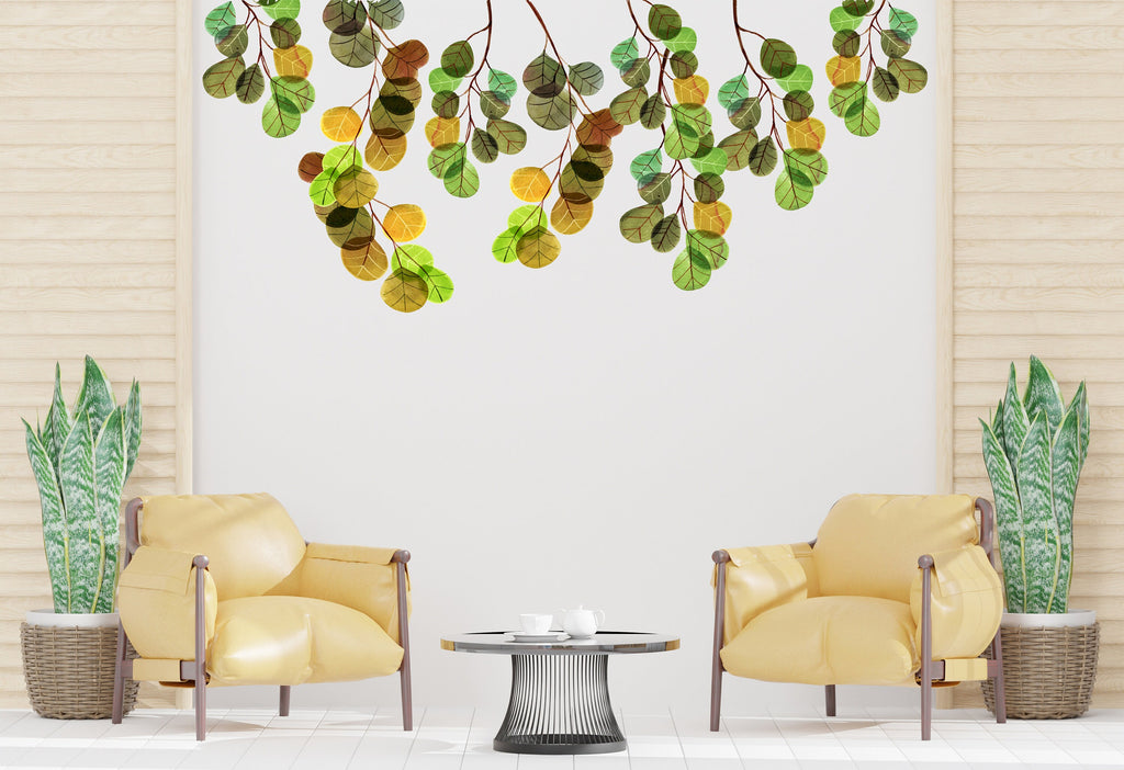 Hanging Leaves And Branches, Eucalyptus Leaves wall decor, Green Leaf Wall Mural, Greenery Wall Sticker, Living Room mural wall decor 338LU
