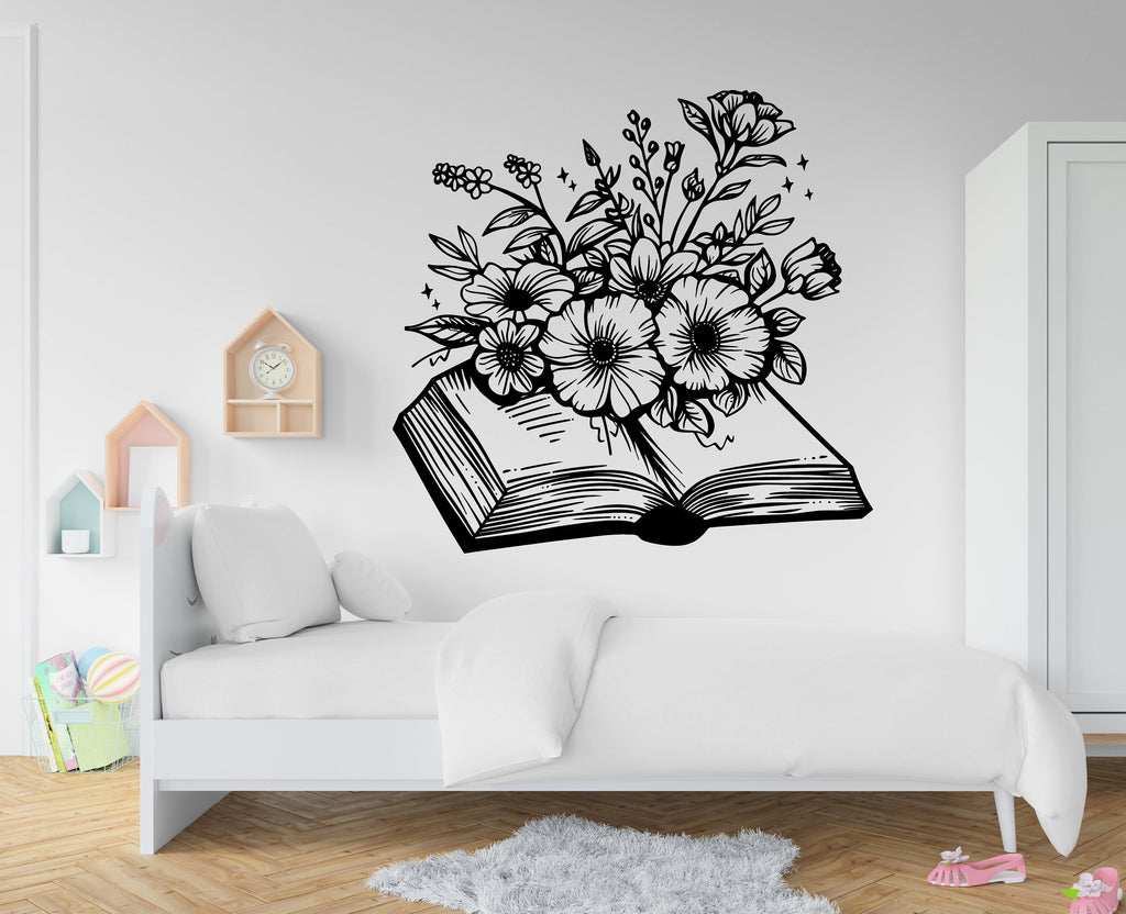 Book With Flower vinyl wall art decals, book shelves decor, library wall decal, education decals, reading room, nurseries school gifts 273RS